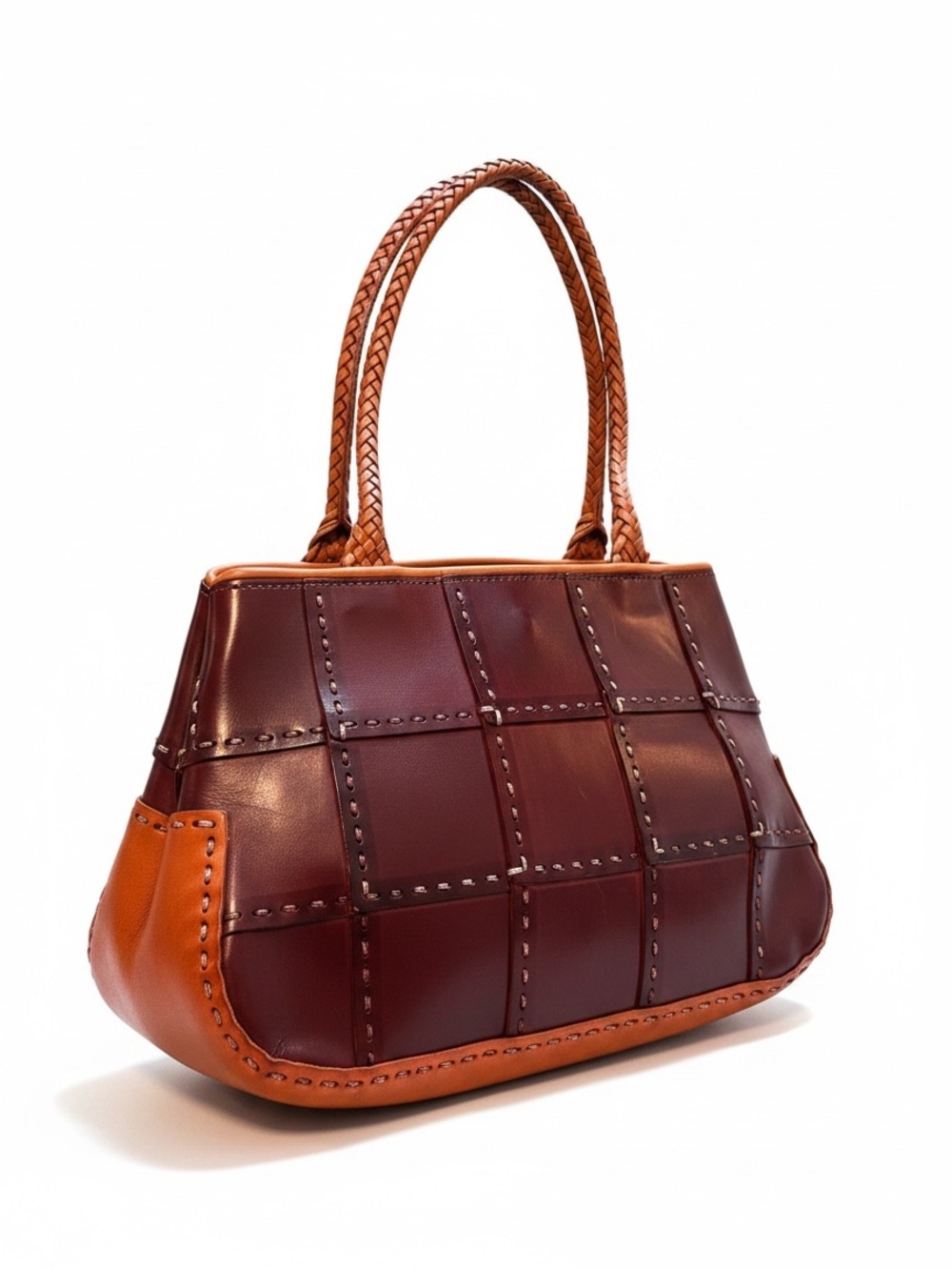 Ellepi Genuine Leather Shoulder Bag in Burgundy and Tan Handmade in Italy